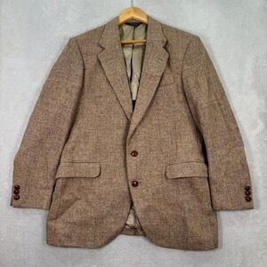 VINTAGE American Trend Mens 42R Herringbone TWEED Wool Blazer Jacket Brown Tan